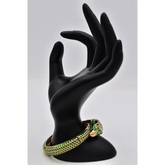 Vintage Green Enamel Snake Bracelet Rhinestone Eyes Hinged Gold Serpent 90s BinO - Picture 7 of 12